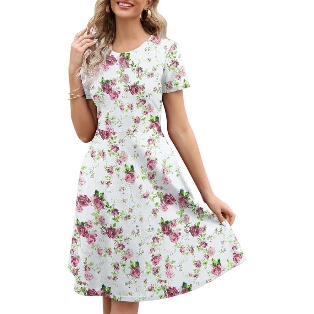 Women's Pink Green Elegant Knee Length Vintage A-Line Swing Dress with Pockets